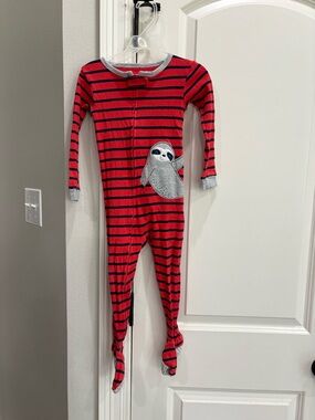 Carter’s coral red & navy blue striped long sleeve footie pajamas with sloth 3t